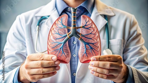 Close-up shot of a doctor's hand holding a model of the human respiratory system, demonstrating expertise in pulmonology photo
