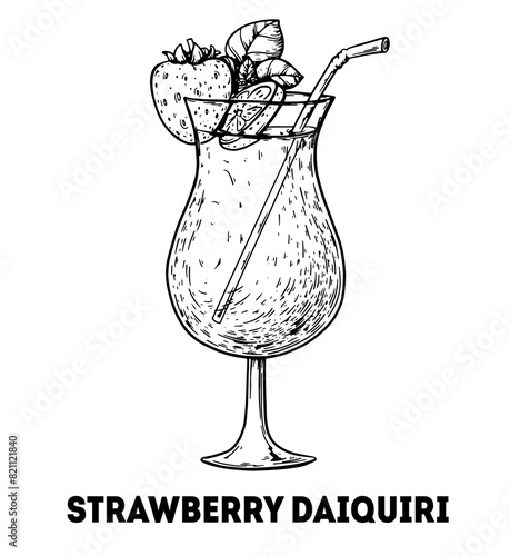 Strawberry daiquiri cocktail illustration. Hand drawn sketch. Vector illustration. Isolated object.