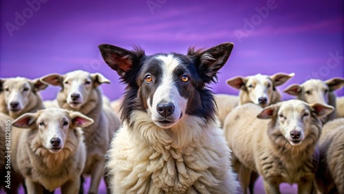 Border collie herding sheep on a clear violet background  close-up