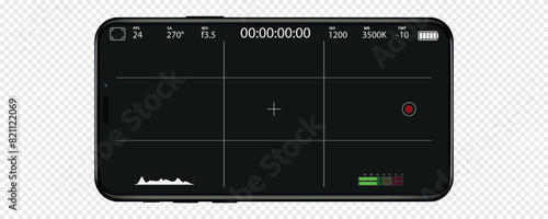 Camera in phone. Photo camera on screen of mobile with interface. UI for selfie in smartphone. Viewfinder, grid, focus, button and rec. Smartphone mockup for photography, selfie and video