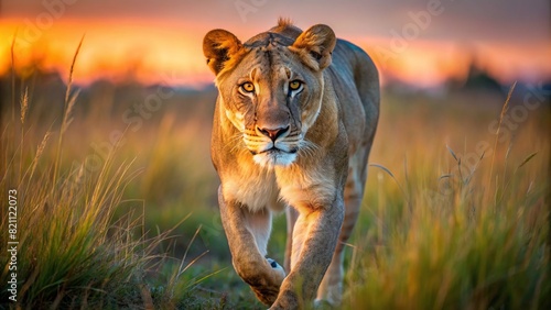 A majestic lioness prowling through the savannah at dusk, muscles tense, ready to pounce photo