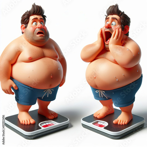 A man standing on a scales, surprised and scared of his weight. Start diet and losing weight concept.