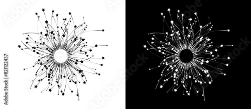 Abstract background with lines and stars. Social connect or team working concept. Black shape on a white background and the same white shape on the black side. photo