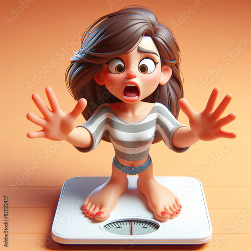 A woman standing on a scales, surprised and scared of her weight. Start diet and losing weight concept.