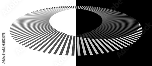 Perspective view to abstract circle with lines. Spiral universe or day and night concept. Black shape on a white background and the same white shape on the black side.