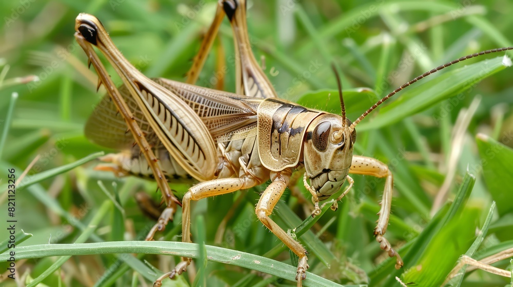 Grasshopper Resting on Green Leaf with Vibrant Body and Powerful Legs, Symbolizing Adaptability and Vitality in Nature's Ecosystem Grasshopper Resting on Green Leaf with Vibrant Body and Powerful Legs, Symbolizing Adaptability and Vitality in Nature's Ecosystem