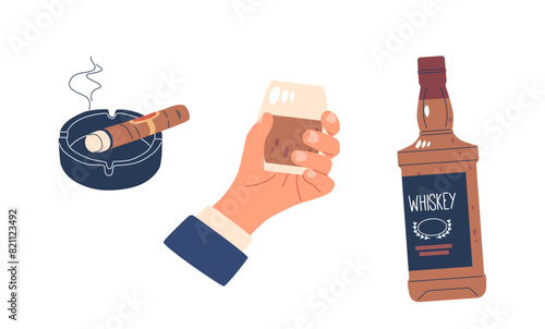Hand Holding A Glass Of Whiskey Next To A Bottle And An Ashtray With A Smoking Cigar. Vector Set Related To Tasting