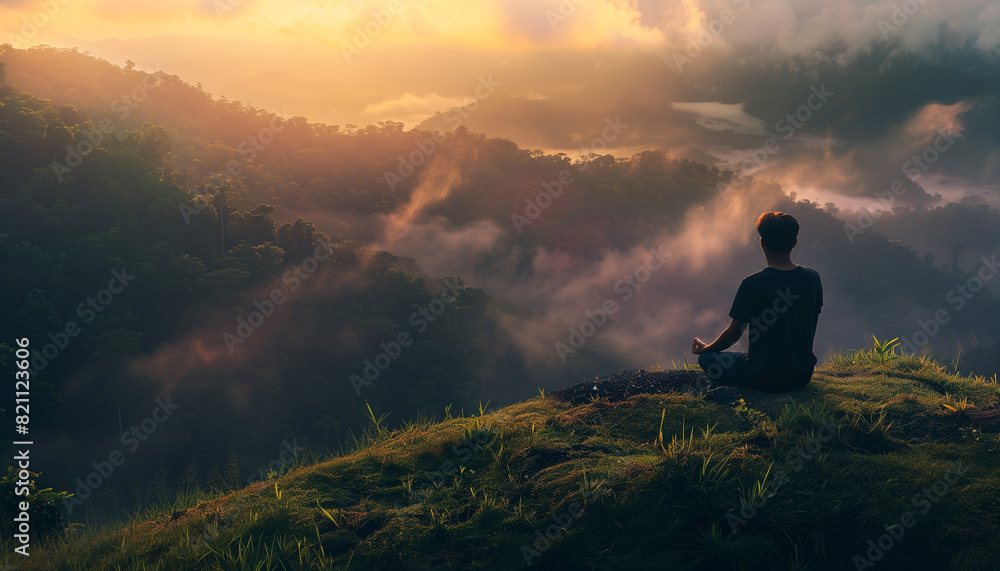 Obraz premium Silhouette of a man meditating in mountains