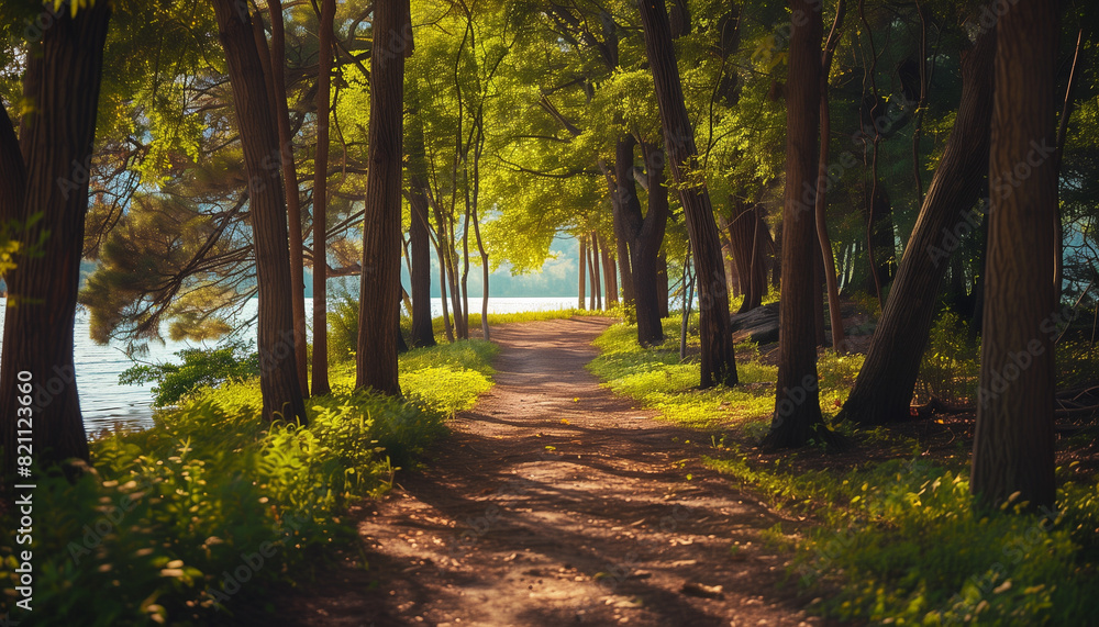 Naklejka premium Path in the woods and close to the lake