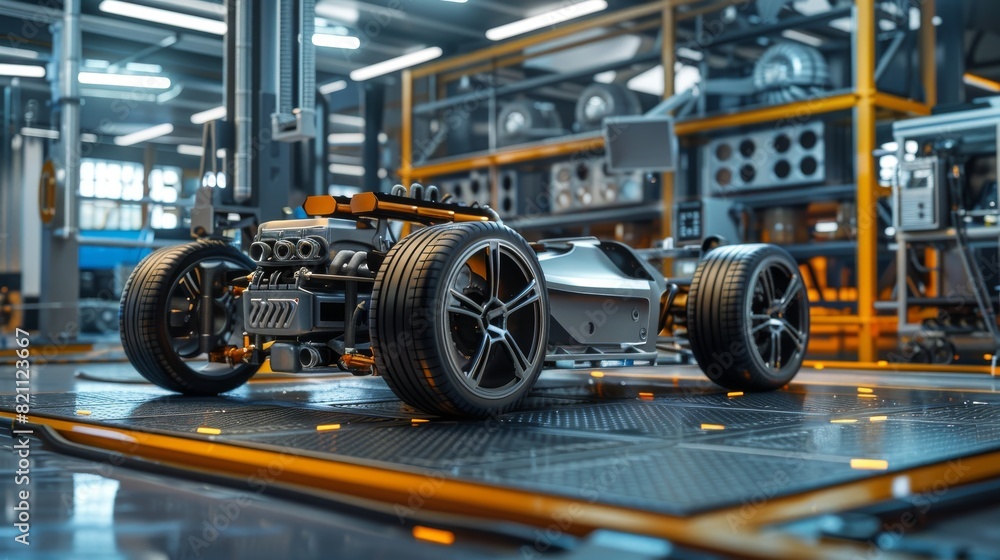 Fototapeta premium In this concept, an Authentic Electric Car Platform Chassis Prototype is standing on a hybrid axel frame, which includes wheels, suspension, engine, brakes, and battery.