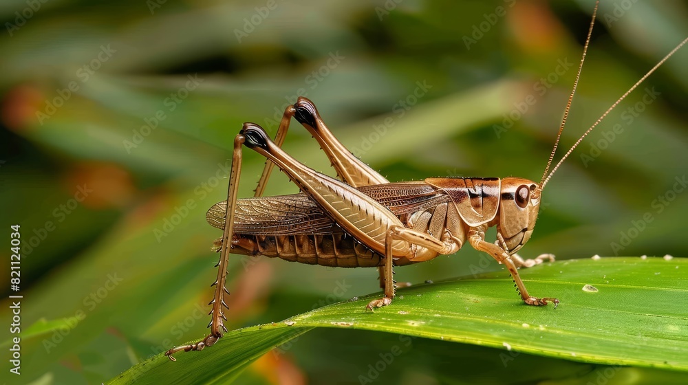 Grasshopper Resting on Green Leaf with Vibrant Body and Powerful Legs, Symbolizing Adaptability and Vitality in Nature's Ecosystem Grasshopper Resting on Green Leaf with Vibrant Body and Powerful Legs, Symbolizing Adaptability and Vitality in Nature's Ecosystem