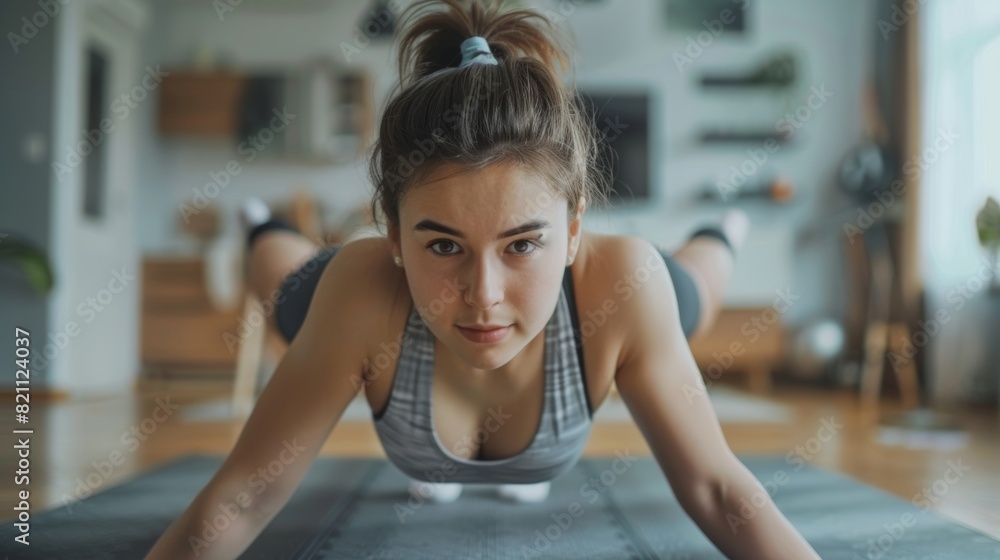 An attractive fitness girl in grey athletic sportswear workouts in a bright and spacious apartment with a cozy minimalistic décor. An attractive fitness girl in grey athletic sportswear workouts in a bright and spacious apartment with a cozy minimalistic décor.