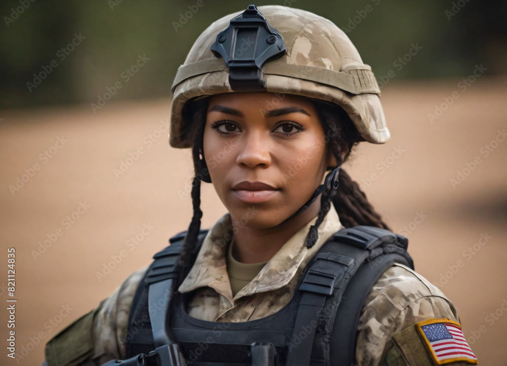 A woman in a military uniform is standing in a desert. She is wearing a helmet and a camouflage jacket