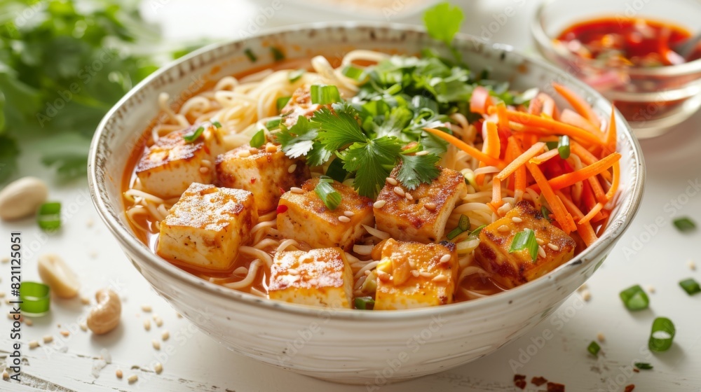 Vibrant Thai Peanut Noodles with Tofu and Fresh Vegetables on Bright White Background Vibrant Thai Peanut Noodles with Tofu and Fresh Vegetables on Bright White Background
