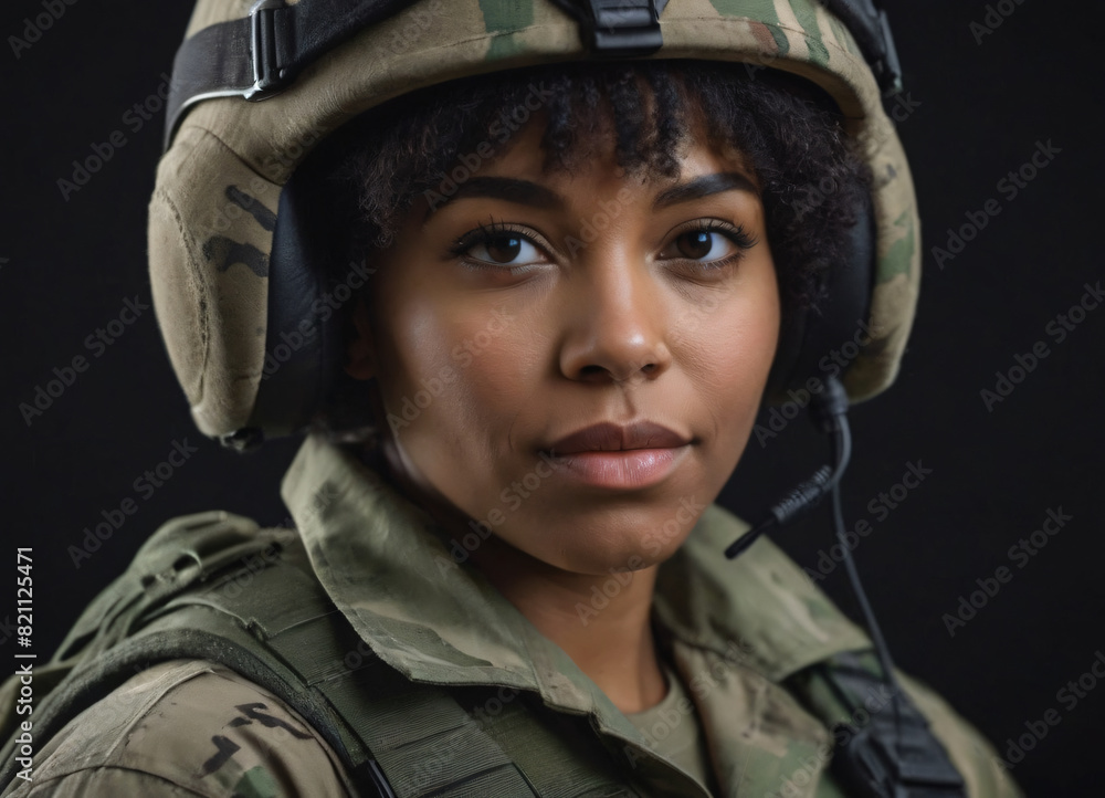 A woman in a military uniform with a helmet on her head. She has a serious expression on her face A woman in a military uniform with a helmet on her head. She has a serious expression on her face