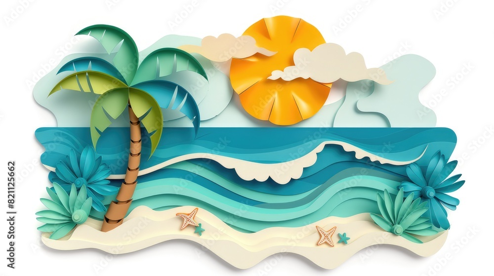 Fototapeta premium Tropical beach scene in paper cut style, sun, palm tree and waves, summer vacation theme
