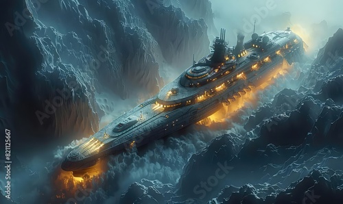 A deepsea exploration vessel illuminating an underwater mountain range, top view, revealing hidden depths, scifi tone, colored pastel photo