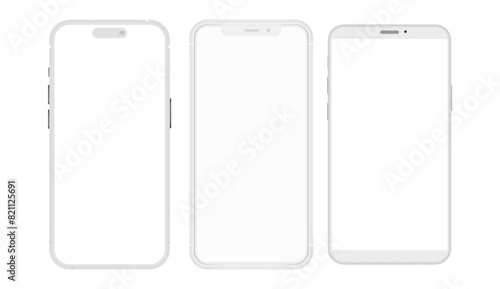 Realistic phone mockup, clay mobile set concept with shadow isolated. White smartphones in different angles view with blank screen, 3d vector illustration mocku up for app design presentation.