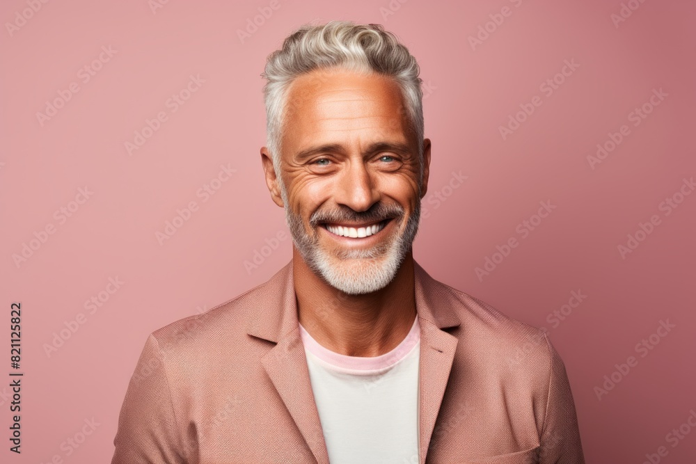 Portrait of a happy man in his 50s smiling at the camera isolated in solid pastel color wall Portrait of a happy man in his 50s smiling at the camera isolated in solid pastel color wall