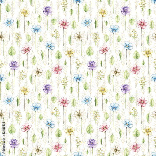 Seamless pattern with multicolored violet flowers, leaves and branches isolated on white background. Watercolor hand drawn illustration