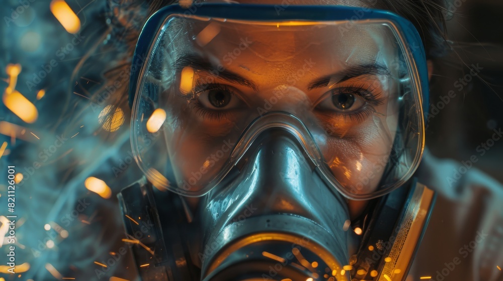 Photograph of a gorgeous female fabricator in a safety mask. She is grinding a metal object and flying sparks are reflecting on the mask. Empowering her natural beauty while working in a workshop.