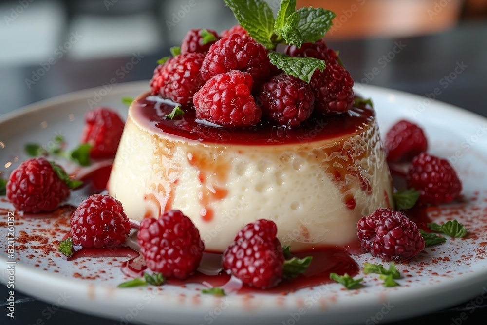 Panna Cotta: A small dish of panna cotta with a smooth, creamy texture, topped with a berry compote or caramel sauce. Panna Cotta: A small dish of panna cotta with a smooth, creamy texture, topped with a berry compote or caramel sauce.