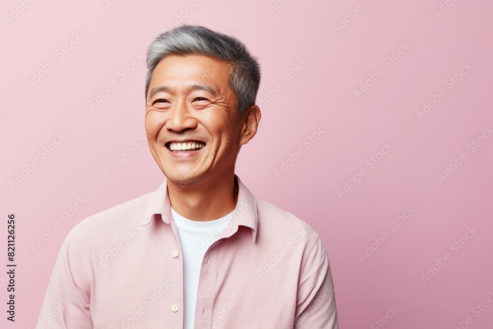 Portrait of a jovial asian man in his 50s smiling at the camera over solid pastel color wall Portrait of a jovial asian man in his 50s smiling at the camera over solid pastel color wall