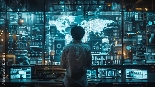 Cybersecurity: Create a scene with digital shields, locks, and a person working on cybersecurity protocols, emphasizing data protection and digital security.