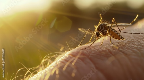Close-up of a Mosquito with Detailed Description of Its Anatomy and Behavior. Highlights the Mosquito's Role in Disease Transmission and Its Breeding Habits in Moist Environments © chenxiao