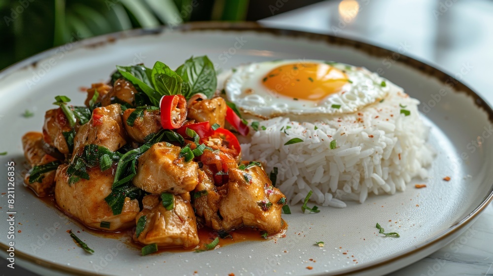 Flavorful Thai Basil Chicken with Rice and Egg on White Plate under Bright Light Flavorful Thai Basil Chicken with Rice and Egg on White Plate under Bright Light