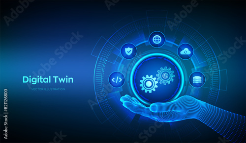 Digital twin business and industrial process modelling technology concept on virtual screen. Innovation and optimisation. Digital twin icon in wireframe hand. Vector illustration.