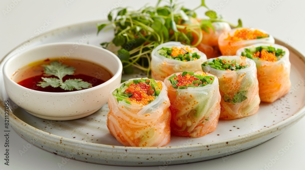 Fresh Thai Spring Rolls with Dipping Sauce on White Plate - Asian Street Food Concept Fresh Thai Spring Rolls with Dipping Sauce on White Plate - Asian Street Food Concept