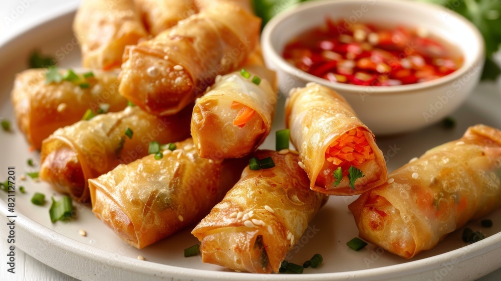 Fresh Thai Spring Rolls on White Plate with Dipping Sauce, Asian Cuisine Food Styling Concept Fresh Thai Spring Rolls on White Plate with Dipping Sauce, Asian Cuisine Food Styling Concept