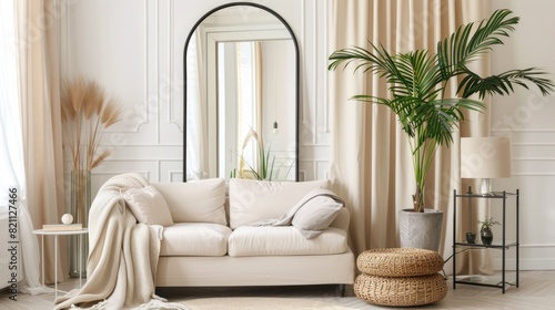 a modern black frame full-body mirror  accentuating a living room with its reflection of white walls  a cozy sofa  a stylish side table adorned with a potted plant  and the natural light streaming.