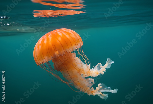  A vibrant orange jellyfish gracefully pulsates through a turquoise ocean, its tentacles trailing behind