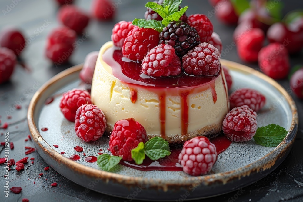 Panna Cotta: A small dish of panna cotta with a smooth, creamy texture, topped with a berry compote or caramel sauce. Panna Cotta: A small dish of panna cotta with a smooth, creamy texture, topped with a berry compote or caramel sauce.