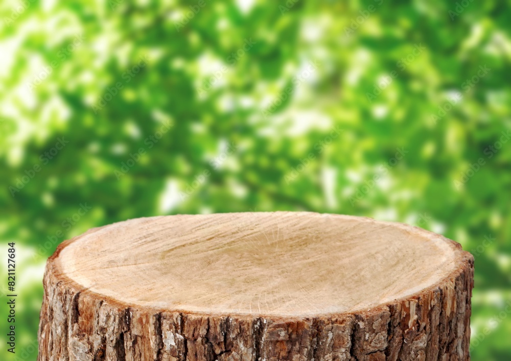Wood tabletop round podium in outdoors background. Wood tabletop round podium in outdoors background.