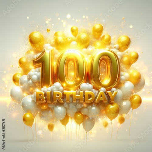 Golden 100th birthday celebration with balloons and confetti, symbolizing a century of joy and memories photo