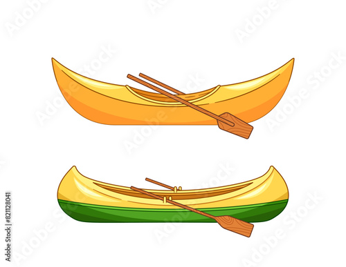 Two Vibrant Canoes, Each Equipped With Wooden Paddles. Cartoon Vector Illustration For Themes Related To Water Sports