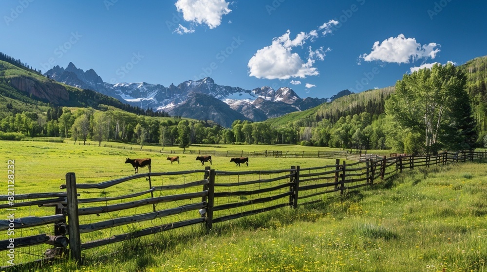 Colorado rural countryside farm field pasture, cows near Ouray or Telluride with Rocky Mountains forest view in background, blue sky, wooden fence