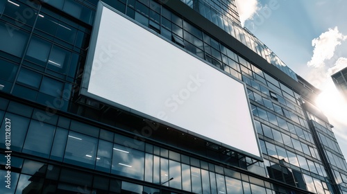 Large blank empty signboard mockup on the side of a modern office building in the city for advertisement