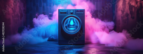 Black washing machine with vibrant smoke on black background.