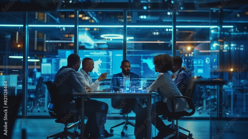 A multi-ethnic and diverse team of engineers, managers, and investors discuss a computer printed circuit board element at a modern factory office meeting room. A multi-ethnic and diverse team of engineers, managers, and investors discuss a computer printed circuit board element at a modern factory office meeting room.