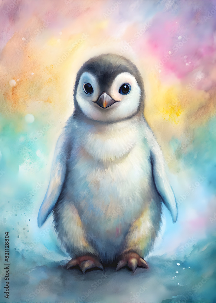 Cute Sweet Baby Penguin on a Pastel Background: Dreamy Pastel Palette, Soft Delightful Watercolor Colors Cute Sweet Baby Penguin on a Pastel Background: Dreamy Pastel Palette, Soft Delightful Watercolor Colors