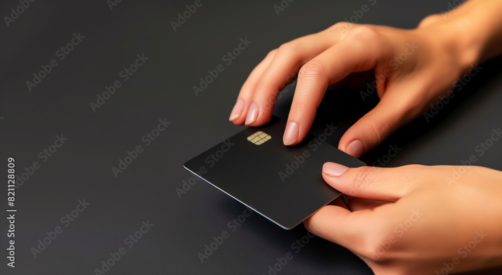 Close-up on woman holding black premium card for online payments Close-up on woman holding black premium card for online payments