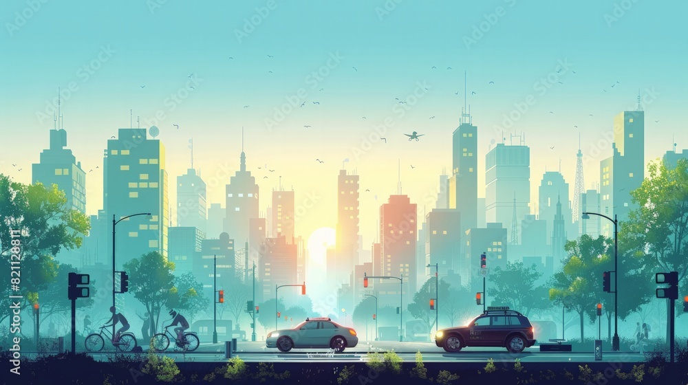 Fototapeta premium Green Transportation: Illustrate a cityscape with electric cars, bikes, and public transport systems, highlighting sustainable and eco-friendly transportation solutions.