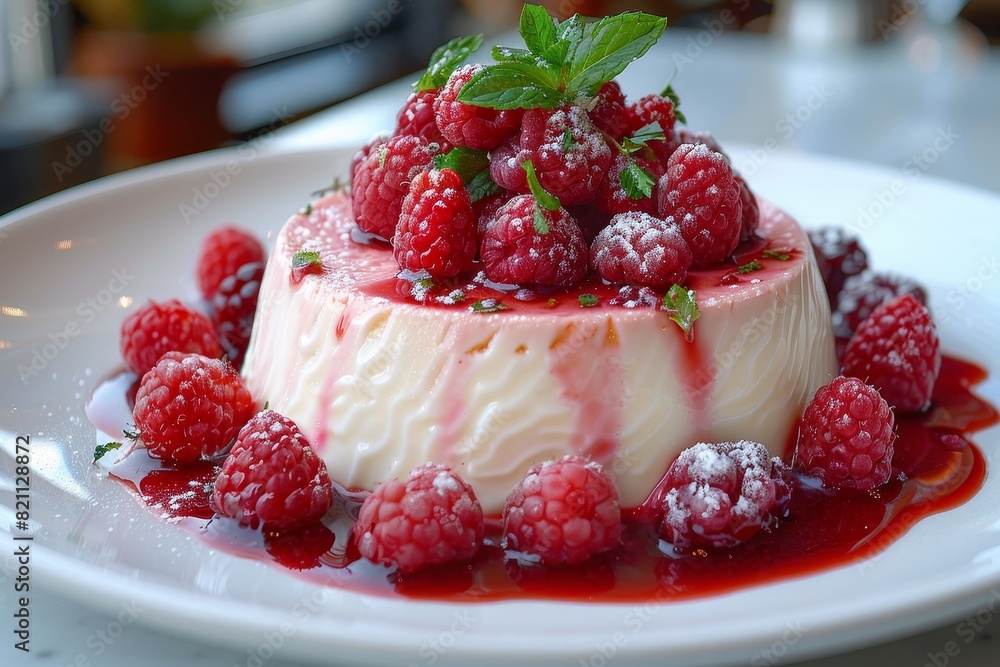 Panna Cotta: A small dish of panna cotta with a smooth, creamy texture, topped with a berry compote or caramel sauce. Panna Cotta: A small dish of panna cotta with a smooth, creamy texture, topped with a berry compote or caramel sauce.