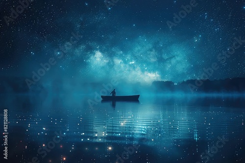 A fisherman in a small boat under the stars on a quiet lake, side view, blending nature with tranquility, scifi tone, Splitcomplementary color scheme photo