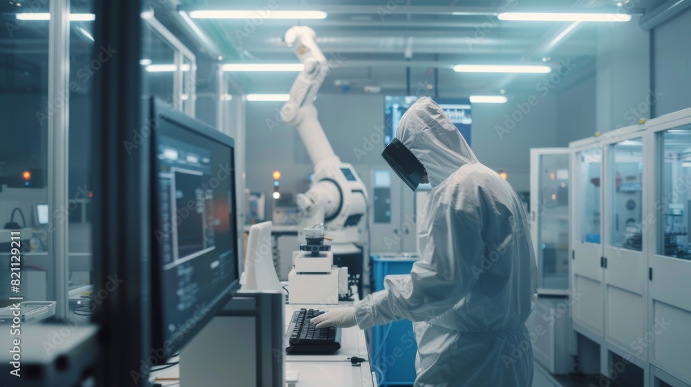 Cleaning room: An engineer wearing coveralls controls the system on a computer, uses a controller, monitor and CAD software with modern CNC machinery, robot arms and electronics in the background. Cleaning room: An engineer wearing coveralls controls the system on a computer, uses a controller, monitor and CAD software with modern CNC machinery, robot arms and electronics in the background.