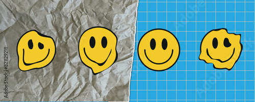 Funny crazy melt smile faces geometry seamless pattern. Vector crazy cartoon character illustration. Smile smiley techno faces melting acid, trippy, cells, techno